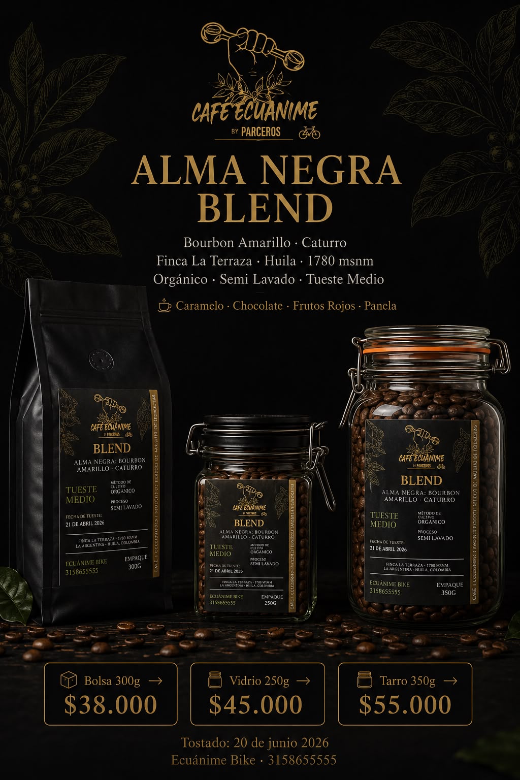 Café Ecuánime · Alma Negra Blend — bolsa 300g, vidrio 250g y tarro 350g